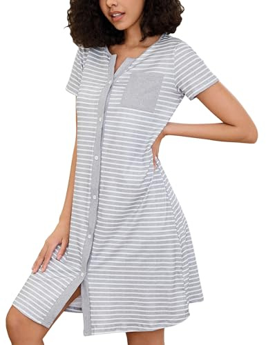 Marvmys Chemises Nuit Femme Coton Manches Courtes Rayure Robe De Nuit Bouton Ouvert Devant Vêtements d'Intérieur Nuisette de Grossesse