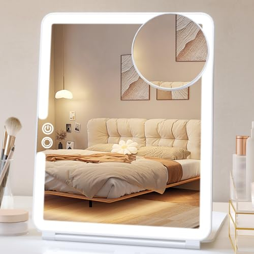FUNTOUCH Rechargeable Lighted Makeup Mirror with 10X Magnifying, 3 Colors Light Modes, Touch Screen Dimming Folding Light Up Mirrors for Travel, Cosmetic (White)