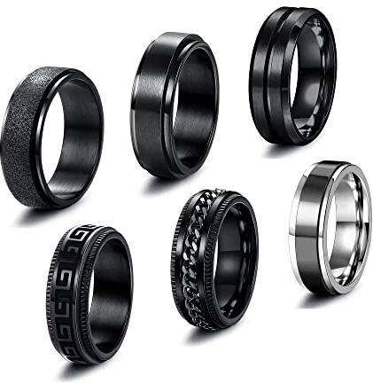 JeweBella 6 Stück Edelstahl Ringe für Herren - Spinner Ringe Set Vintage Breit Schwarz Ringe mit Drehbare Kette - Männer Hochzeitsversprechen Band Ringe Größe 54-70