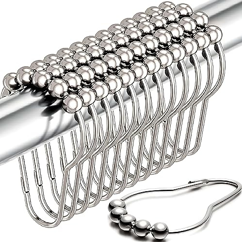 Shower Curtain Hooks Rust Proof (Set of 12) - Stainless Steel Shower Curtain Rings with Effortless Gliding Roller Balls - Easy to Install Shower Hooks for Shower Curtain (Polished Nickel)