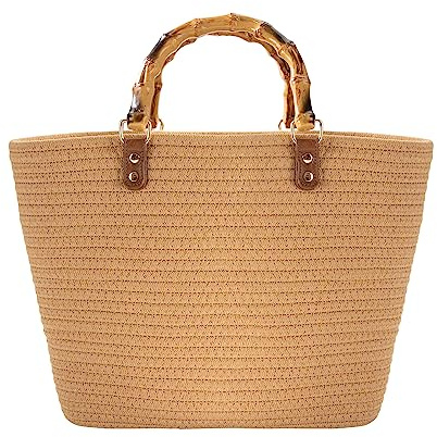 MengH-SHOP Tote Bag Summer Beach Bag Retro Handwoven Handbag with Imitation Bamboo Top Handle for Travel Beach Vacation, Khaki ZJSWTTB01_KK-MHKJ