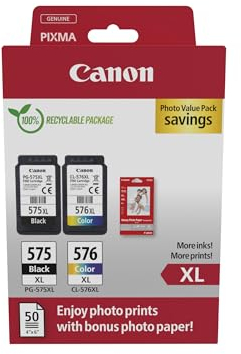 Canon Multipack Cartuccia & Carta - 2 Cartucce per Stampante Originali PG-575XL/CL-576XL (1 x Nero, 1 x Colori) & 4x6 Carta Fotografica (50 x Fogli)