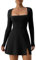Womens Square Neck Bodice Dress Long Sleeve Side Slit Flare Hem Mini Bodycon Club Dress (A-Black, S)