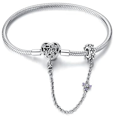 LNQOBU 925 Sterling Silver Snake Chain Bracelet,Butterfly Bracelets, Heart Shape Bracelet Clasp for Womes Jewellery Gift