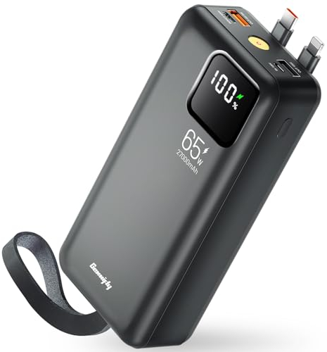 Power Bank 65 W, 27000 mAh con Cables USB-C e iOS Integrados, Cargador rápido portátil de 4 Puertos, Bateria Externa para computadora portátil con Pantalla LED Digital para iPhone, Samsung y más
