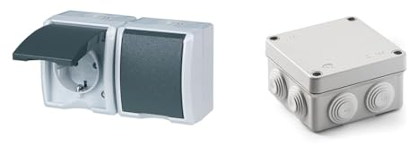 REV AquaForm, Doppelsteckdose-Feuchtraumsteckdose, IP44, einpolig, Aufputz, grau & FAMATEL – Wasserdichte Abzweigdose IP55 I Hologenfrei | Hohe Schlagfestigkeit