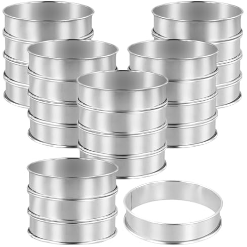 Funsuei 24 stycken crumpet ringar 10 cm, bakringar muffinsringar rostfritt stål, dessertringar tårtringar kakringar för matlagning och bakning, 10 x 2,5 cm, silver