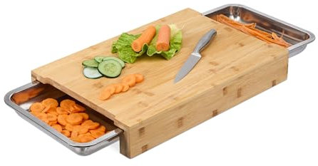 Relaxdays Tabla de Cortar con 2 Recogemigas, Pan y Carne, Madera de Cocina, Bambú y Acero, 8x45x30cm, Natural y Plateado