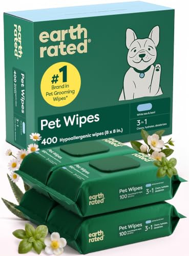 Earth Rated Pet Wipes for Dogs and Cats, Hypoallergenic, 3-in-1 Cleaning, Deodorizing and Hydrating, for Grooming Paws, Body and Bums, New White Tea and Basil Scent, 400 Count