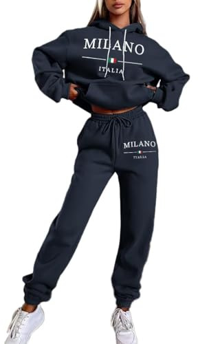 ticticlily Tute Donna Complete 2 Pezzi Tuta Sportiva Ginnastica Completa Felpa con Cappuccio e Pantaloni Jogging Abbigliamento Sportivo Casuale Tracksuit Sportwear A Blu Scuro L