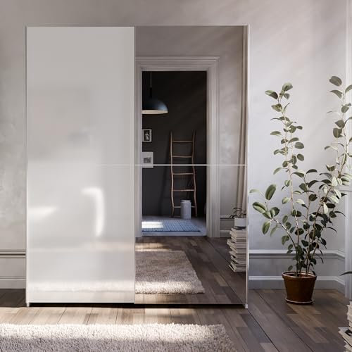 FORTE Schach & MATT Kleiderschrank 150, Moderner Spiegelschrank mit Schwebetüren, 2-türig, Holzwerkstoff, Weiß, 150,1 cm breit, 190,5 cm hoch, x 61,2 cm tief