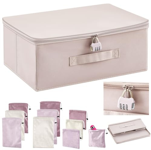 1 PC Discreet Lockable Adult Toy Bag Storage Organizer with 9 Pcs Toy Storage Drawstring Bags Organizer for Women and Men 3 Sizes, 15 x 10 x 6.3 Inches Lockable Box Travel Container(Pink Gray)