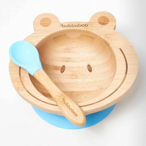 bubbaboo Bamboo Bowl and Spoon Set Baby Suction Bowl Frog Design (Blue)