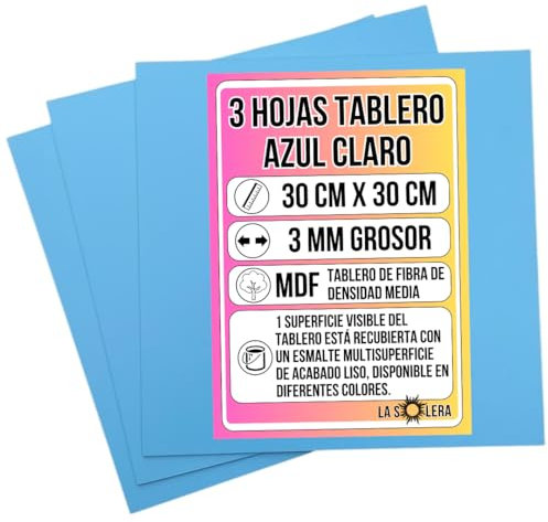 LA SOLERA Pack 3 Hojas Tablero MDF AZUL CLARO | 300 x 300 x 3 mm | Tablero de Fibra de Densidad Media | Manualidades | Pirograbado | Corte Laser | Modelado | Tabla Madera | Corte Limpio Sierra