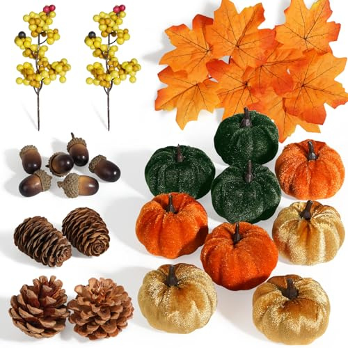 Miaikoe Juego de calabazas de tela, 25 hojas de arce artificiales de otoño, calabazas de cosecha, bellotas, piñas de pino y tallos de bayas naranjas, decoraciones para otoño, Acción de Gracias, mesa