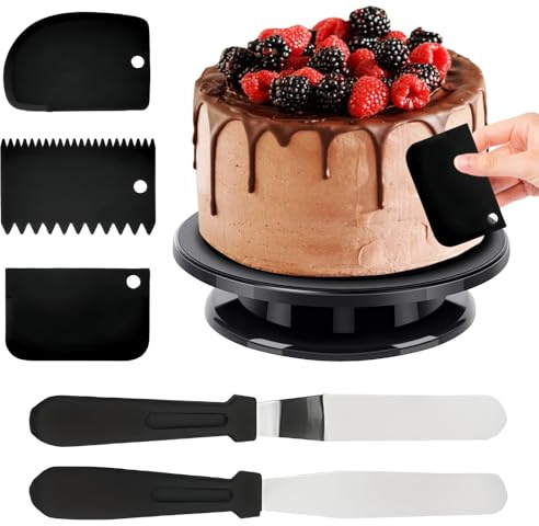 LEKEFETO Piatto girevole per torta da 27 cm, piatto girevole per torta con 5 raschietti, piatto girevole per torte, piatto girevole per torte, accessorio per torte, per cottura e pasticcini – nero