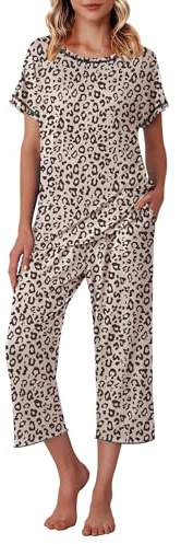 Ekouaer Womens Capri Pajama Sets Print Short Sleeve Sleepwear Top and Capri Pants Soft Loungewear with Pocket Khaki Leopard Print XL