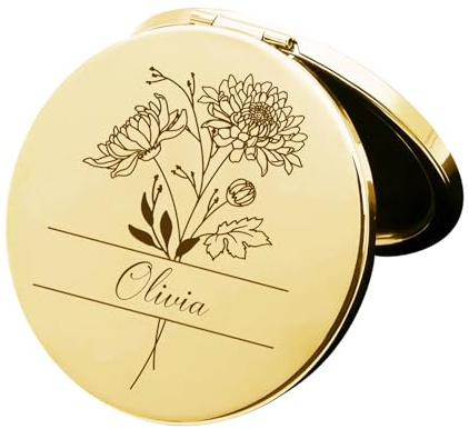 Specchio Compatto da Donna Personalizzato, Piccolo Specchio Viaggio Trucco Portatile Bifacciale - Personalizzabile Fiori di Compleanno/Iniziali, Regalo Originale Mamma, Compleanno, San Valentino