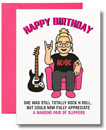 Funny Birthday Card Rock N Roll Woman Slippers Humour Rock Fan Design for Her Mum Sister Friend Music Lover 5x7 with Envelope - JBS67