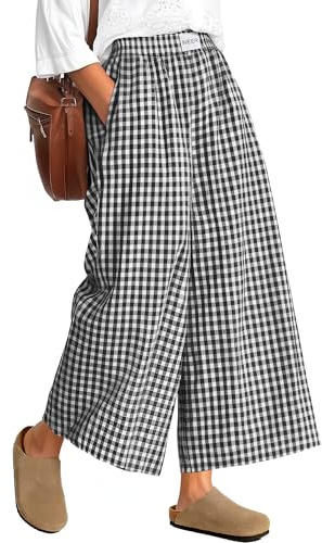 Neer Pantalon Femme Carreaux Vichy Taille Haute Élastique Fluide Large Coupe Palazzo avec Poches
