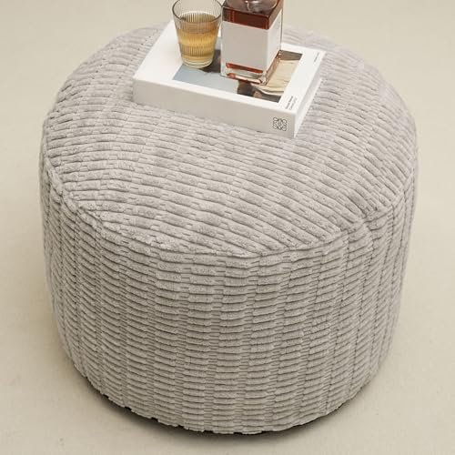 Round Stuffed Pouf Ottoman for Foot Rest, Storage Ottoman Pouf Foot Stool Cushion, Faux Fur Poufs with Foam Chunk Filling, 20 X 15 Inch Floor Chair for Living Room Bedroom Home Decor, Light Gray