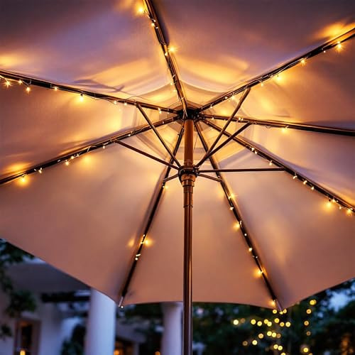 Spetebo Éclairage solaire pour parasol - 72 LED - Blanc chaud - 8 x 1,2 m - Guirlande lumineuse solaire - Durée d'éclairage de 6 heures - Éclairage décoratif pour l'extérieur