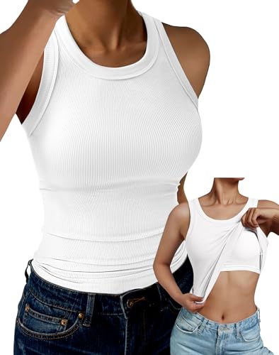 GKBK Tank Top for Women Built in Bra High Neck Ribbed Basics Tops Racerback Fitted Bra Tanks White L