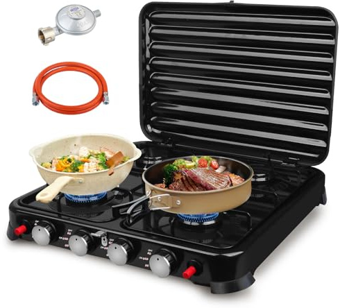 Camping Gas Portatil de 4 Quemadores 8800W - Hornillo de Gas Butano Plegable con Protector contra Viento, Encendido Instantáneo, Acero Inoxidable - Ideal para Senderismo, Picnic y Acampada