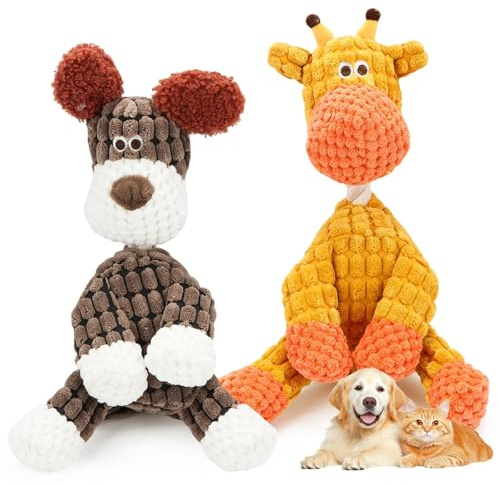 Ufdeoton Giocattolo per cani che scricchiolano, set da 2 pezzi, morbido peluche per cani, cane marrone e giraffa, per cani di piccola taglia media e grande