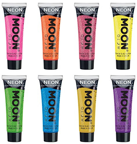 Moon Glow Gel facial y corporal con purpurina UV de neón - brilla intensamente bajo los rayos UV12 ml (Paquete de 8)