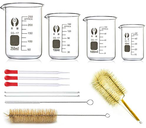 Borosilikatglas Bechergläser Set, JESSTOLO 4 Stück Dickglas Graduierten Becherglas mit Klare Ausguss 50ml 100ml 150ml 250ml, 3 Glas Pipetten, 3 Waschbürste und 2 Glasstab, für Labor Forschung Medizin