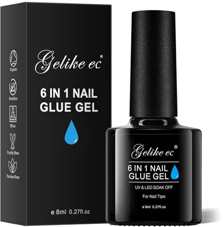 Gelike EC Gel Nail Glue for Press Ons: 6 in 1 Strong UV Nail Glue for Nail Tips and Acrylic Nail - Long Lasting 28 Days Hold Quick UV Cure - Hema Free Formula for Beginner Friendly DIY for Home Salon