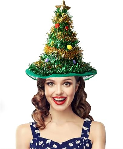 JIAMIAN Sombrero de Navidad, Gorro de Árbol de Navidad, Verde Lentejuela Dorada, con Estrella Divertido Gorro de Navidad, Gorro de Bruja para Fiesta de Papá Noel Decoración Navideña tocado