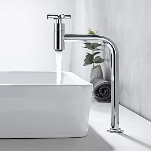 Tondiy Grifo Lavabo Alto de Solo Agua Fria, Grifería Baño Latón de Aseos para Invitados, con Manguera de Conexión, Aireador Extraíble, Fácil de Instalar, Cromo