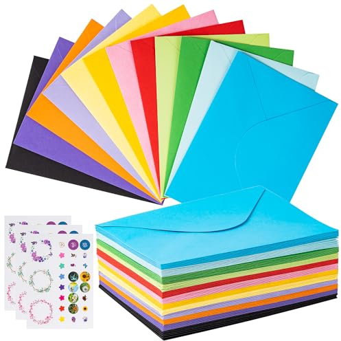 Bunte Briefumschläge 12 Farben, 72 Stück Farbige Umschläge für Geschenke 12.6 * 17.6cm, Umschläge Bunt mit 3 Blatt Selbstklebende Aufklebern für Geburtstage, Hochzeiten, Partys