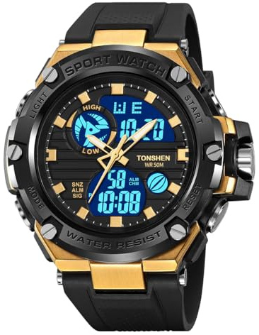 TONSHEN Hombre Multifuncional Digital Sport Doble Tiempo Alarma Cronómetro Luz LED Electrónica Analógico Cuarzo Outdoor Militar Deportivo 50M Impermeable Relojes