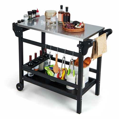 KOMFOTTEU Carro de Barbacoa con Encimera de Acero Inoxidable, Carrito de Jardín con 2 Ruedas, Estante para Botellas, Bandeja Inferior, 5 Ganchos, Mesa de Preparación de Alimentos para Picnic, Patio