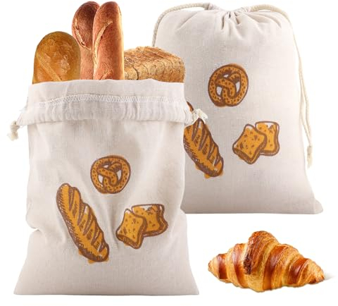 2 Pièces Sac à Pain Réutilisable en Lin et Coton - Avec Cordon de Fermeture - Pour Pains, Baguettes, Fruits, Légumes