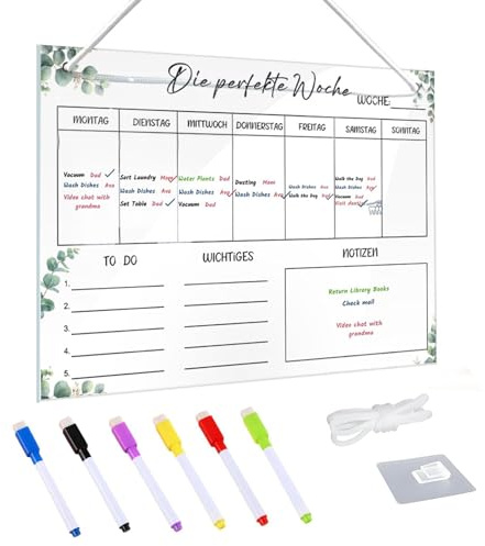 Veckoplanerare avtorkningsbar, veckoplanerare magnetisk akryl, matplanerare vecka, 30 x 20 cm, familjeplaneringstavlor, whiteboard med 6 torkarmarkörer, 1 krok, vitt snöre, veckoplaneringstavla