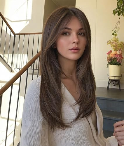 WOKESTAR Long Straight Wigs for Women with Curtain Fringe, Layered Synthetic Color Hair (Black Brown)