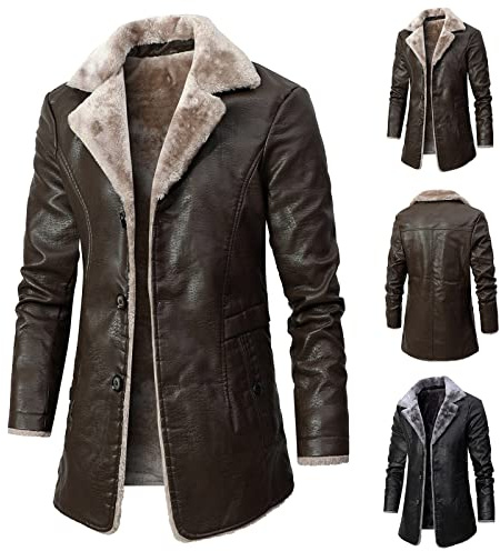 IQYU Giacca Pilota Uomo, Giacca in Pelle Invernale Imbottita Lunga, Trenchcoat in Pelle Uomo, Elegante Trenchcoat in Pelle Uomo, Giacca Lunga in Pelle da Uomo, Abito Giacca con Tasca Interna
