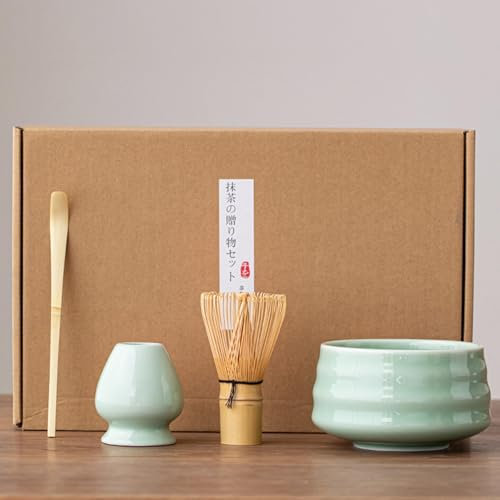Matcha Whisk Set, Japanese Matcha Tea Set, Matcha Tea Making Kit, Bamboos Tea Whisk and Ceramic Bowl Set, 4pcs Matcha Tea Accessories Set, Matcha Powder Starter Kit for Matcha Tea Ceremony -Cyan Blue