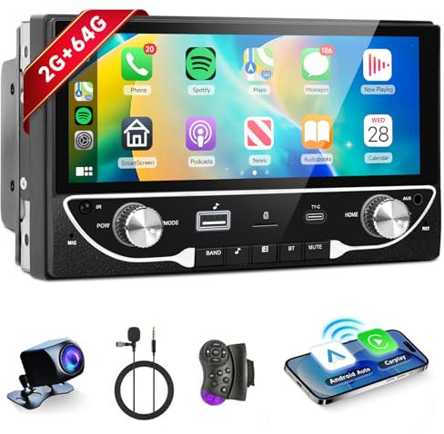 2G+64G Android Autoradio 2 Din Wireless Carplay, 6.86 Zoll 2 Din Autoradio mit Bildschirm HD Touchscreen mit Android Auto Mirror Link WiFi GPS Navi FM/RDS/AUX/USB/EQ Lenkradsteuerung Rückfahrkamera