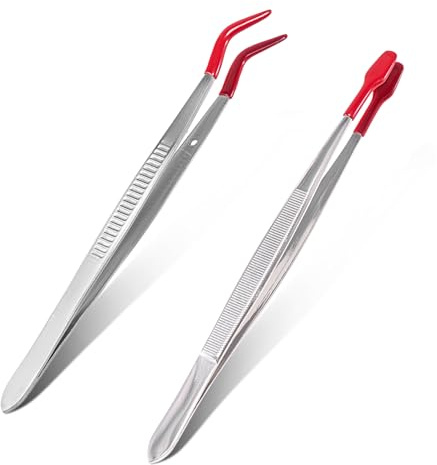 2-Pack Rubber Tipped Tweezers Set,Stainless Steel Craft Tweezers with Coated Flat & Bent Tips,Non-Marring Tool for Stamp Tweezer,Coin,Jewelry Crafts Making and Sticker Tweezer (Red)