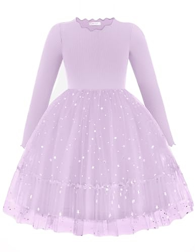 Arshiner Filles Robes Tulle Paillette Enfants À Col Plissé et Lignes a Festive Automne Hiver Manches Longues Robe pour Filles 2-7 Ans