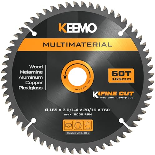 KEEMO Lame Scie Circulaire 165 mm Multimateriaux | Coupe fine 2,0 mm | Anti‑vibration & Silencieuse | Bois, stratifiés, pvc & plastiques, alu fin | Bague 20→16 mm incluse | Coupe fine et nette