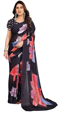 ETHNICMODE Indian Saree For Women Printed Georgette Light Weight Jari Party Wear Black Sari With Unstitched Black Blouse Piece-1126