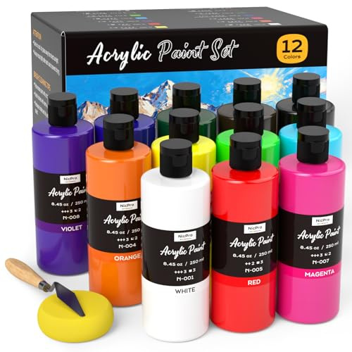 Nicpro 12 Colors Large Bulk Acrylic Paint Set (8.45 oz,250 ml) Rich Art Painting Supplies, Non Toxic for Multi Surface Rock Canvas Wood Ceramic Leather Fabric Craft, for Adult with Color Wheel