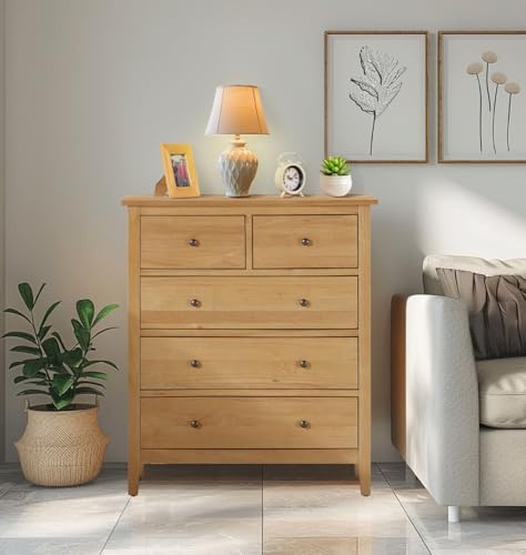 Hallowood Furniture Aston 2 Over 3 Chest of Drawers, 5-Drawer Solid Wooden Light Oak Dresser, Storage Drawer for Living Room & Hallway, Fully Assembled Bedroom Furniture