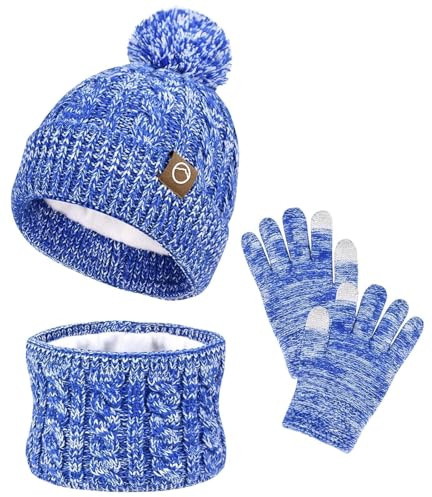 Conjunto Accesorios Invierno Niños 3 Piezas Set de Bufanda Gorro y Guantes para Niños con Pompones Gorro de Invierno Cálido Guantes de Punto Cálidos para 3-10 Años